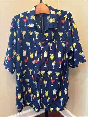 Men's Navy Cocktail Drink Print Short-Sleeve Button-Down Shirt XL